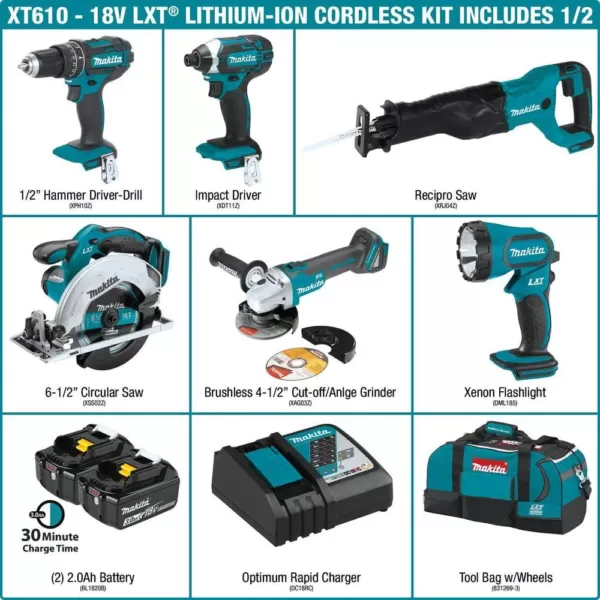 Makita 18-Volt LXT Lithium-Ion Cordless Combo Kit (6-Piece) with (2) Battery (3.0Ah), Rapid Charger and Tool Bag