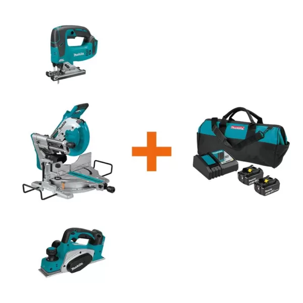 Makita 18V LXT Brushless Jig Saw, 18V X2 (36V) 10 in. Miter Saw and 18V LXT 3-1/4 in. Planer with bonus 18V LXT Starter Pack