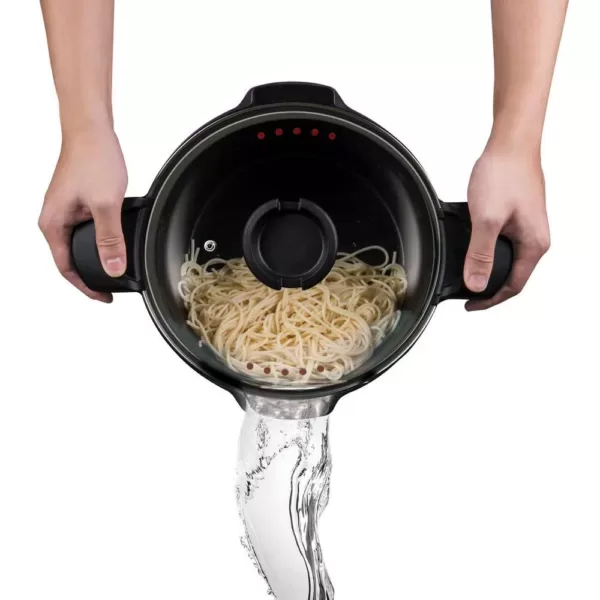 MasterPan Innovative Series 5 qt. Cast Aluminum Non-Stick Stock N Pasta Pot in Black with Easy Pour Strainer and Glass Lid