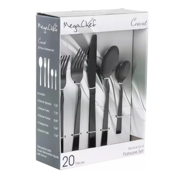 MegaChef Cravat 20-Piece Matte Black Flatware Utensil Set, 18/10 Stainless Steel Silverware Metal (Service for 4)