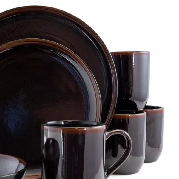 Elama Midnight Beach 16-Piece Modern Metallic Black Stoneware Dinnerware Set (Service for 4)