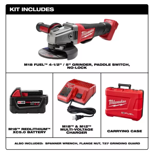 Milwaukee M18 FUEL 18-Volt Lithium-Ion Brushless Cordless 4-1/2 in./5 in. Grinder with Paddle Switch Kit One 5.0 Ah Batteries