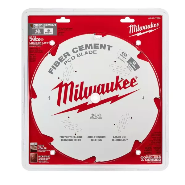 Milwaukee 12 in. x 8-Tooth Polycrystalline Diamond (PCD) Tipped Fiber Cement Cutting Saw Blade