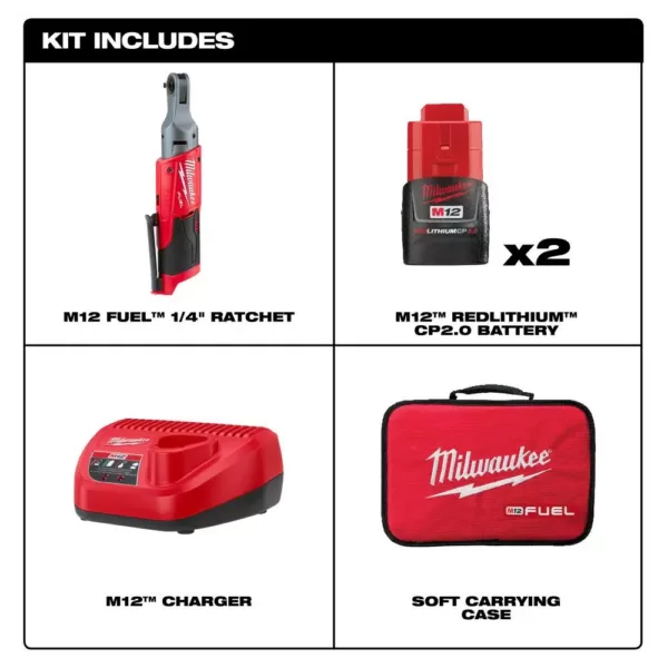 Milwaukee M12 FUEL 12-Volt Lithium-Ion Brushless Cordless 1/4 in. Ratchet Kit W/ (2) 2.0Ah Batteries, Charger & Tool Bag