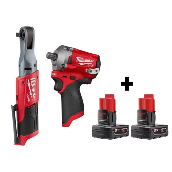 Milwaukee M12 FUEL 12-Volt Lithium-Ion Brushless Cordless 3/8 in. Ratchet and 1/2 in. Impact Wrench with two 3.0 Ah Batteries