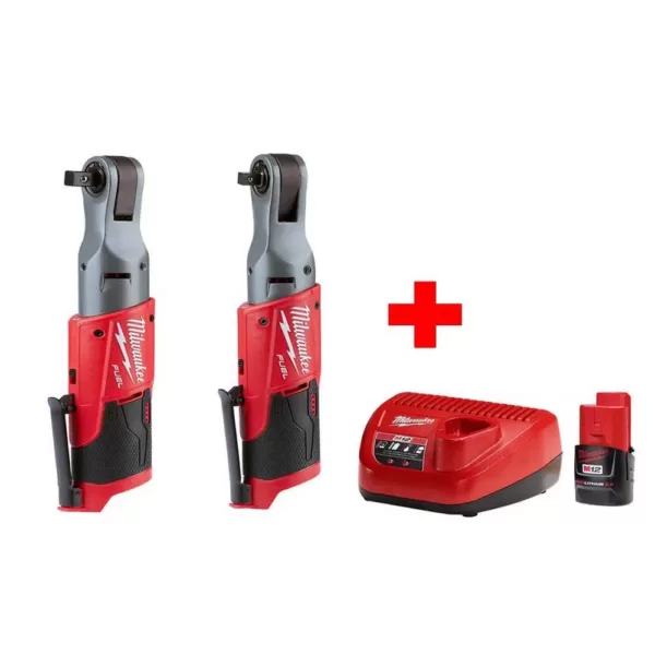 Milwaukee M12 FUEL 12-Volt Lithium-Ion Brushless Cordless 3/8 in. & 1/2 in. Ratchet Combo Kit with (1) 2.0Ah Battery & Charger