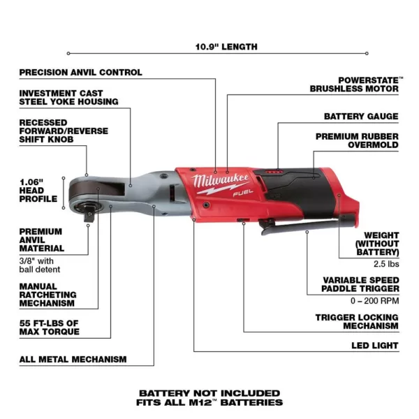 Milwaukee M12 FUEL 12-Volt Lithium-Ion Brushless Cordless 3/8in. Ratchet & Extended Reach Ratchet (Tool-Only) W/Protective Boots