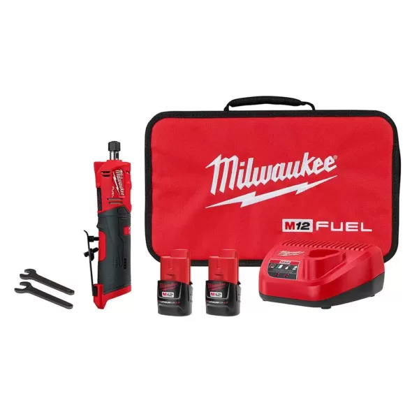 Milwaukee M12 FUEL 12-Volt Lithium-Ion Brushless Cordless 1/4 in. Straight Die Grinder Kit with Two 2.0 Ah Batteries