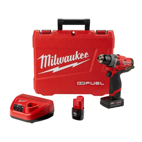 Milwaukee M12 FUEL 12-Volt Lithium-Ion Brushless Cordless 1/2 in. Hammer Drill Kit with 4.0 Ah and 2.0 Ah Battery and Hard Case