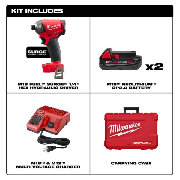 Milwaukee M18 FUEL SURGE 18-Volt Lithium-Ion Brushless Cordless 1/4 in. Hex Impact Driver Compact Kit w/(2) 2.0Ah Batteries, Case