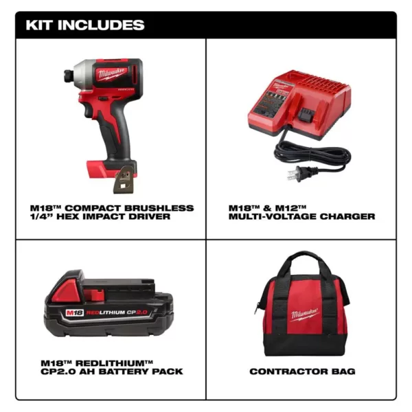 Milwaukee M18 18-Volt Lithium-Ion Compact Brushless Cordless 1/4 in. Impact Driver Kit W/ (1) 2.0 Ah Battery, Charger & Tool Bag