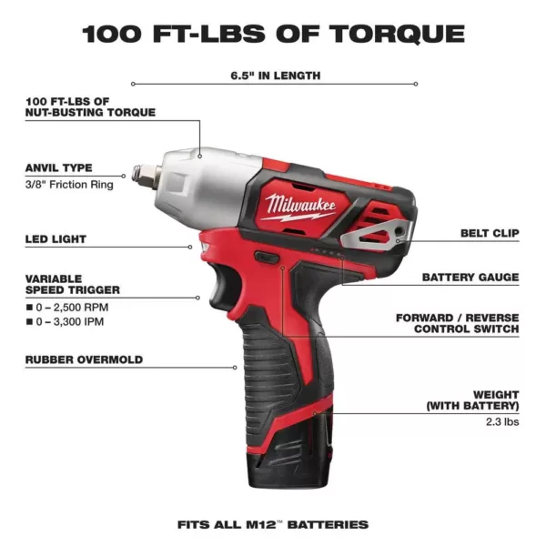 Milwaukee M12 12-Volt Lithium-Ion Cordless 3/8 in. Impact Wrench Kit W/ (2) 1.5Ah Batteries, Charger & Hard Case