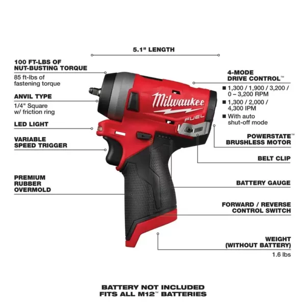 Milwaukee M12 FUEL 12-Volt Lithium-Ion Brushless Cordless Stubby 1/4 in. Impact Wrench (Tool-Only)