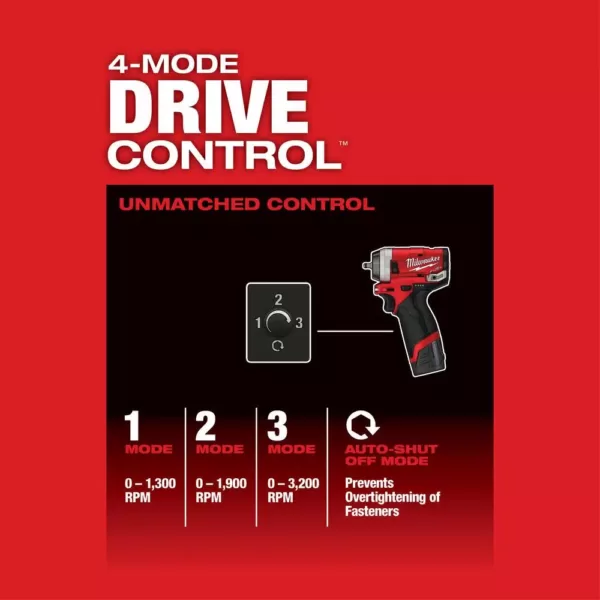 Milwaukee M12 FUEL 12-Volt Lithium-Ion Brushless Cordless Stubby 1/4 in. Impact Wrench Kit with One 4.0 and One 2.0Ah Batteries