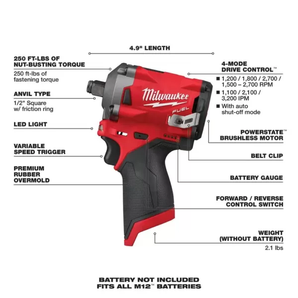 Milwaukee M12 FUEL 12-Volt Lithium-Ion Brushless Cordless Stubby 1/2 in. Impact Wrench (Tool-Only)