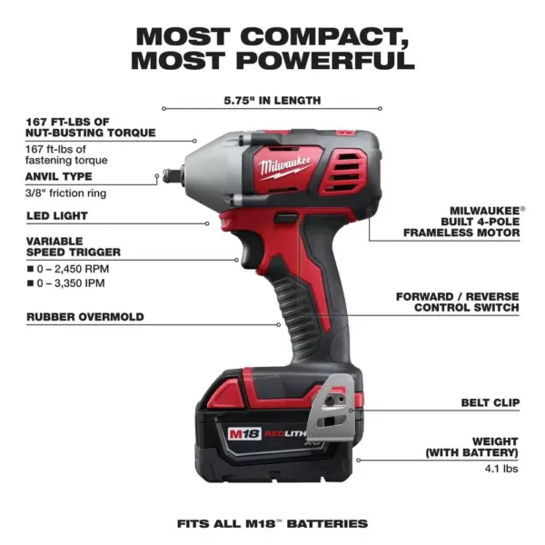 Milwaukee M18 18-Volt Lithium-Ion Cordless 3/8 in. Impact Wrench W/ Friction Ring Kit W/(2) 3.0Ah Batteries, Charger, Hard Case