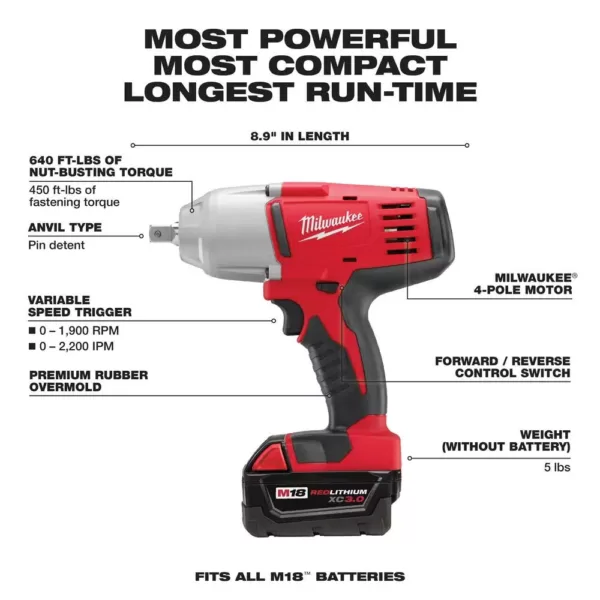 Milwaukee M18 18-Volt Lithium-Ion Cordless 1/2 in. Impact Wrench with Pin Detent Kit with (2) 3.0Ah Batteries, Charger & Hard Case