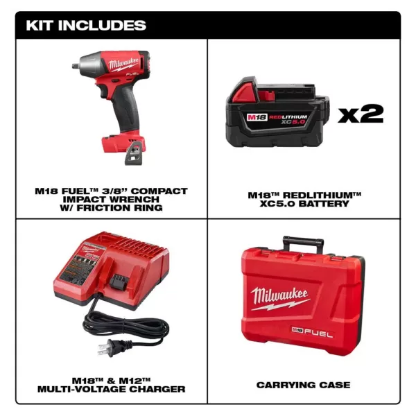 Milwaukee M18 FUEL 18-Volt Lithium-Ion Brushless Cordless 3/8 in. Impact Wrench with Friction Ring Kit with Two 5 Ah Batteries