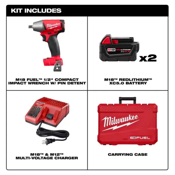 Milwaukee M18 FUEL 18-Volt Lithium-Ion Brushless Cordless 1/2 in. Impact Wrench Pin Detent Kit with Two 5 Ah Batteries, Hard Case