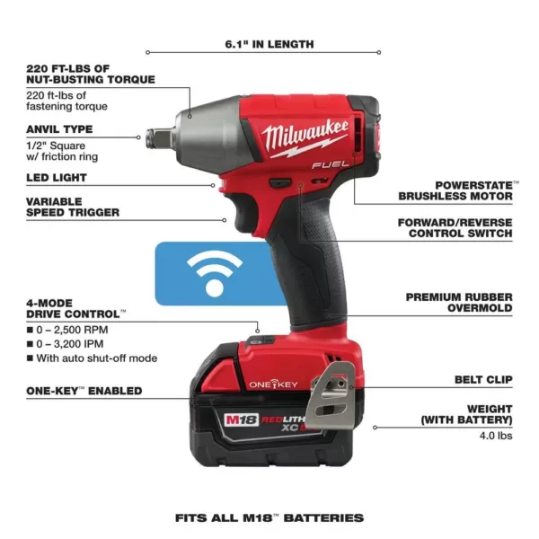 Milwaukee M18 FUEL ONE-KEY 18-Volt Lithium-Ion Brushless Cordless 1/2 in. Impact Wrench w/ Friction Ring Kit w/(2) 5.0Ah Batteries