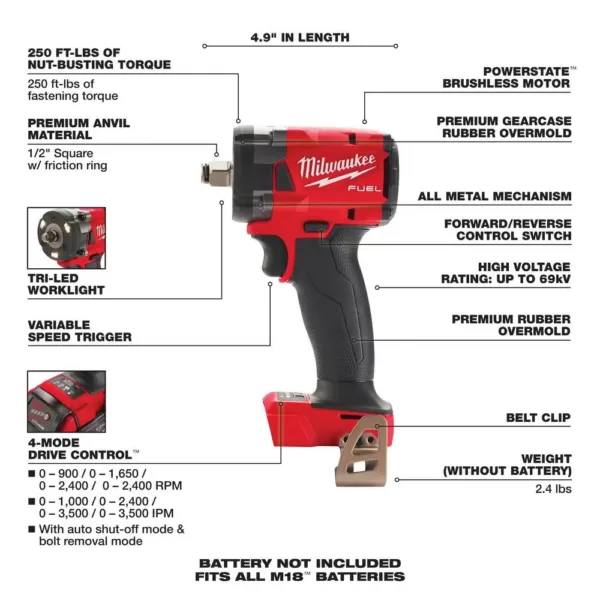 Milwaukee M18 FUEL GEN-3 18-Volt Lithium-Ion Brushless Cordless 1/2 in. Compact Impact Wrench with Friction Ring (Tool-Only)