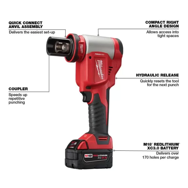 Milwaukee M18 18-Volt Lithium-Ion Cordless 1/2 in.- 4 in. Force Logic Knockout Tool Kit /W  FUEL Hammer Drill & 5.0 Ah Battery