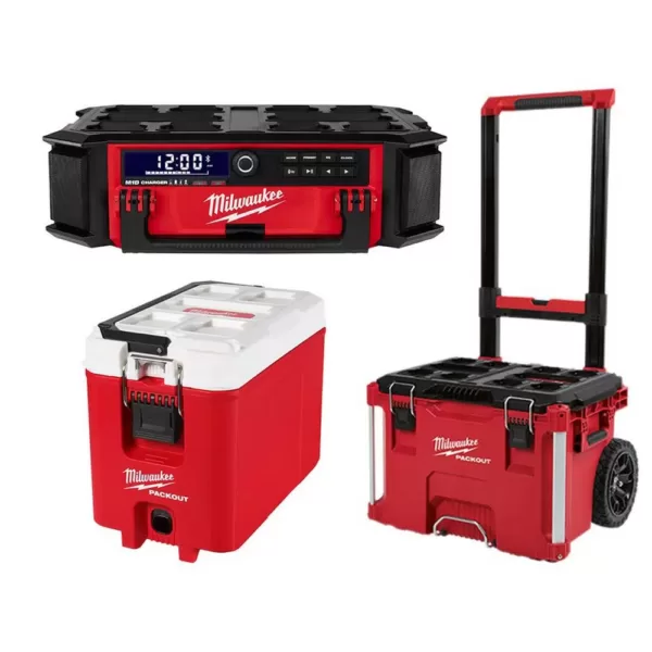 Milwaukee M18 Lithium-Ion Cordless PACKOUT Radio/Speaker with Built-In Charger w/PACKOUT 22 in. Rolling Tool Box & 16 Qt. Cooler