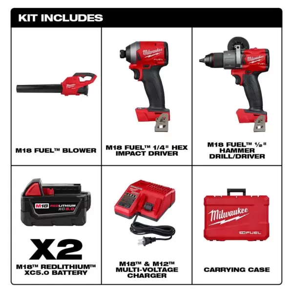 Milwaukee M18 FUEL 18-Volt Lithium-Ion Brushless Cordless Hammer Drill and Impact Driver Combo Kit (2-Tool) with FUEL Blower