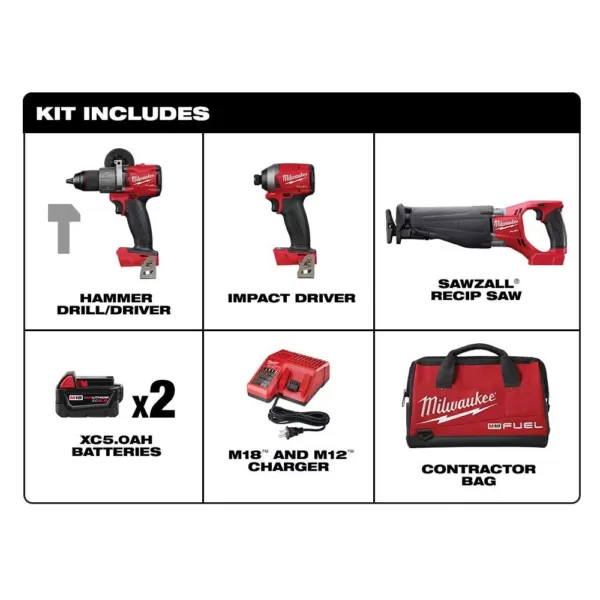 Milwaukee M18 FUEL 18-Volt Lithium-Ion Brushless Cordless Combo Kit (3-Tool) w/(2) 5Ah Batteries, Charger and Tool Bag