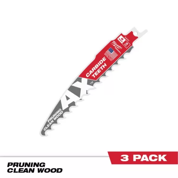 Milwaukee 6 in. 3 TPI Pruning Carbide Teeth Wood Cutting SAWZALL Reciprocating Saw Blade (3-Pack)