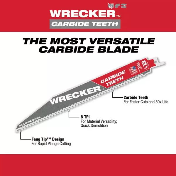 Milwaukee 12 in. 6 TPI WRECKER Carbide Teeth Multi-Material Cutting SAWZALL Reciprocating Saw Blade (5-Pack)