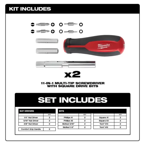 Milwaukee 11-in-1 Multi-Tip Screwdriver with Square Drive Bits (2-Pack)