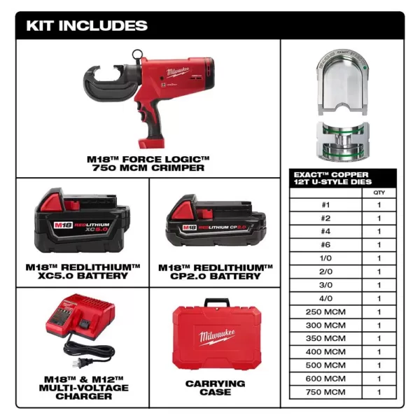 Milwaukee M18 18-Volt Lithium-Ion Cordless FORCE LOGIC 750 MCM Crimper Kit with EXACT #6 750 MCM Cu Dies