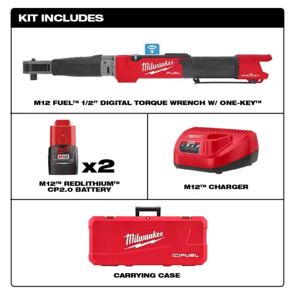 Milwaukee M12 FUEL ONE-KEY 12-Volt Lithium-Ion Brushless Cordless 1/2 in. Digital Torque Wrench Kit with Two 2.0 Ah Batteries