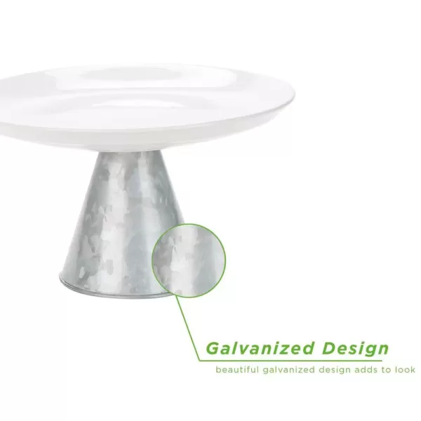 Mind Reader Silver Ceramic & Galvanized Cake Stand, Party Cake Display, Cupcake Stand Holder, Dessert Display Tray