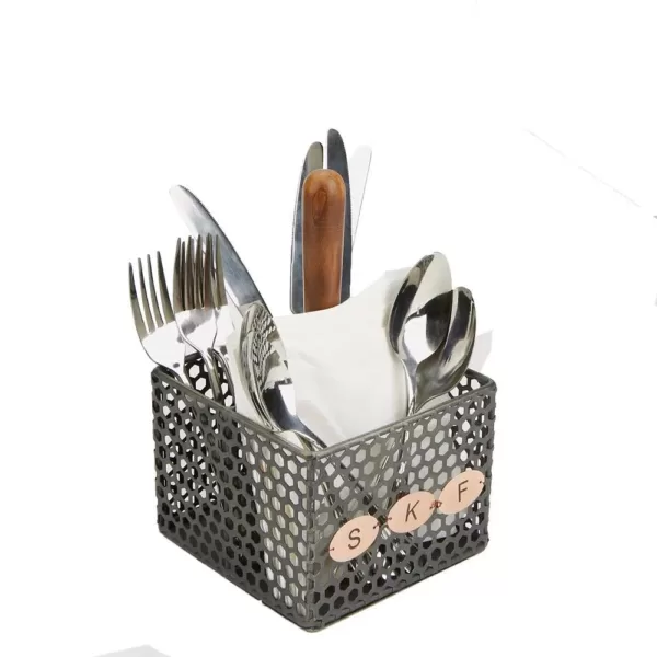 Mind Reader Black Metal 4-Compartment Utensil Basket Flatware Cutlery Holder Silverware Organizer with Wood Handle