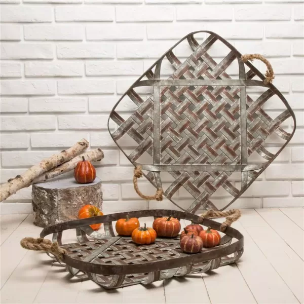 Glitzhome Farmhouse Galvanized Metal Woven Tobacco Basket Tray (Set of 2)