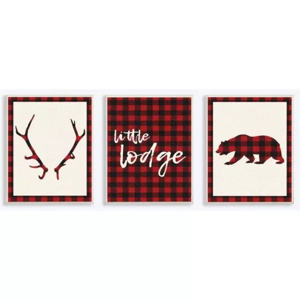 Stupell Industries 10 in. x 15 in. "Little Lodge Antler Bear Plaid" by Daphne Polselli Printed Wood Wall Art 3-Piece