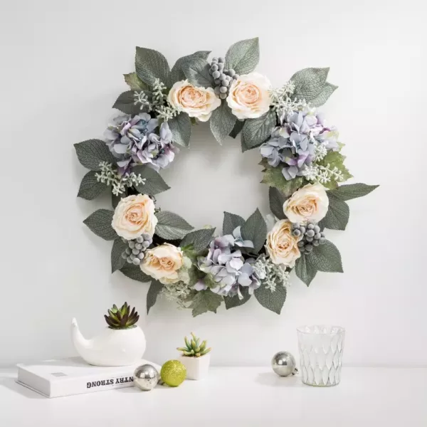 Glitzhome 22 in. Dia Artificial Hydrangea Rose Wreath