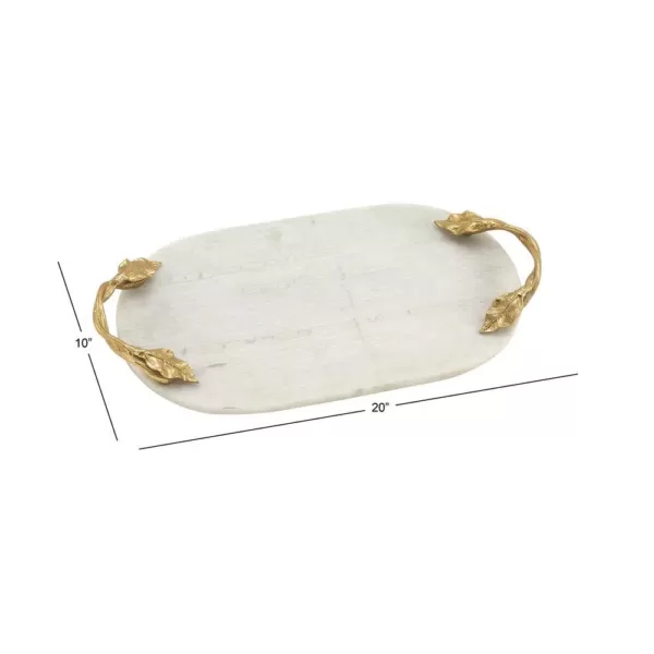 LITTON LANE 20 in. W x 2 in. H White Marble Oval Decorative Tray with Gold Leaf-and-Vine-Shaped End Handles