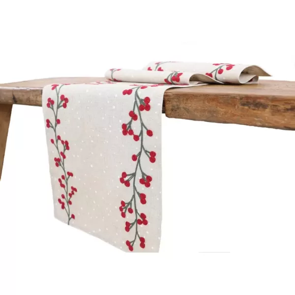 Manor Luxe 15 in. x 90 in. Holly Berry Branch Crewel Embroidered Christmas Table Runner, Natural