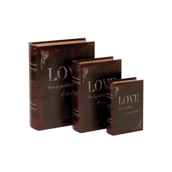 LITTON LANE Vintage Rectangular Wood and Faux Leather "Love" Book Boxes (Set of 3)