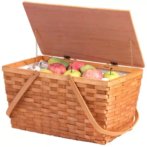 Vintiquewise Large Woodchip Picnic Basket with White Lining and Wooden Lid