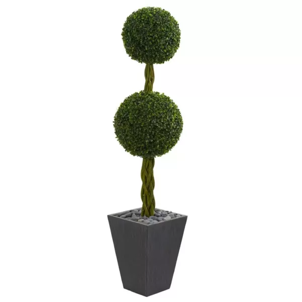 Nearly Natural 5 ft. High Indoor/Outdoor Double Ball Boxwood Topiary Artificial Tree in Slate Planter