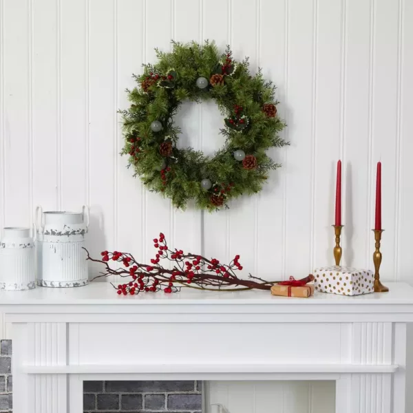 Nearly Natural 24 in. Pre-Lit Christmas Artificial Wreath with 50 White Warm Lights 7 Globe Bulbs Berries and Pine Cones