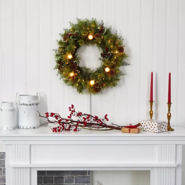 Nearly Natural 24 in. Pre-Lit Christmas Artificial Wreath with 50 White Warm Lights 7 Globe Bulbs Berries and Pine Cones