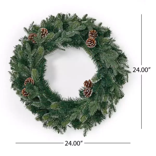 Noble House 24 in. Green Battery Operated Pre-Lit Warm White LED Mixed Spruce Artificial Christmas Wreath with Pine Cones