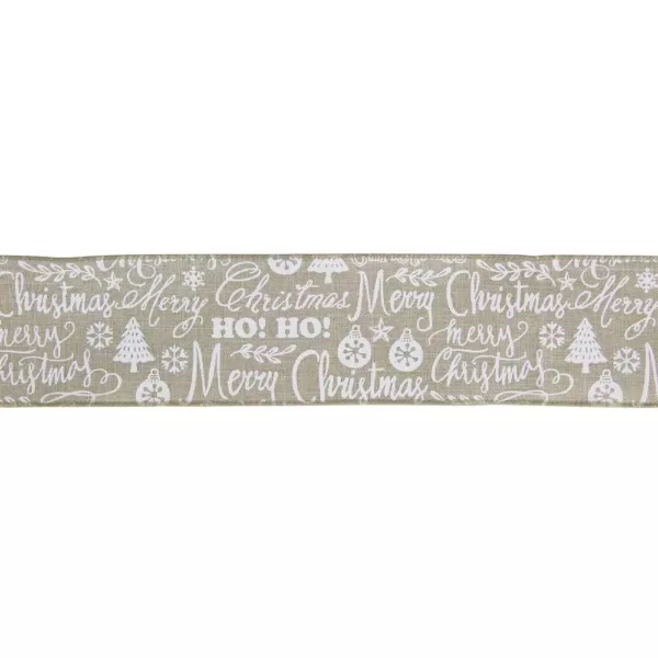 Northlight 2.5 in. x 16 yds. Beige and White Merry Christmas Burlap Style Wired Ribbon