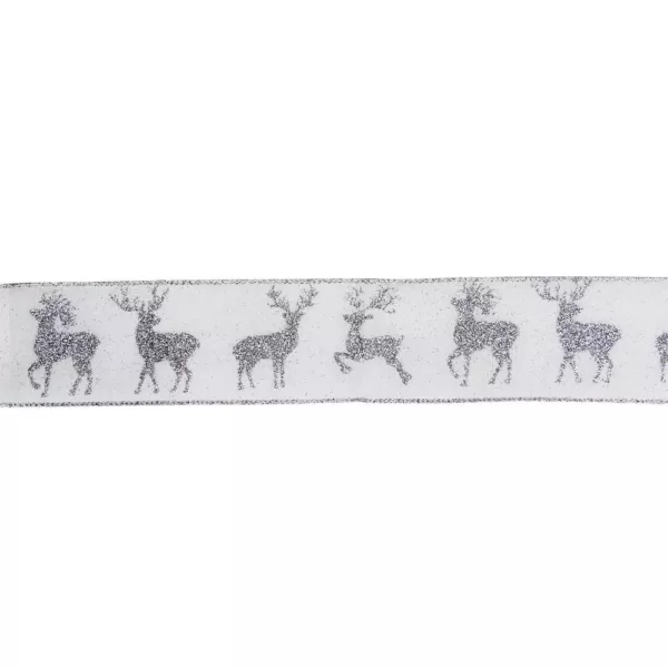 Northlight 2.5 in. x 16 yds. White and Silver Glitter Deer Wired Craft Ribbon