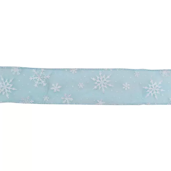 Northlight 2.5 in. x 16 yds. Shimmering White Iridescent Snowflakes on a Light Blue Sheer Ribbon